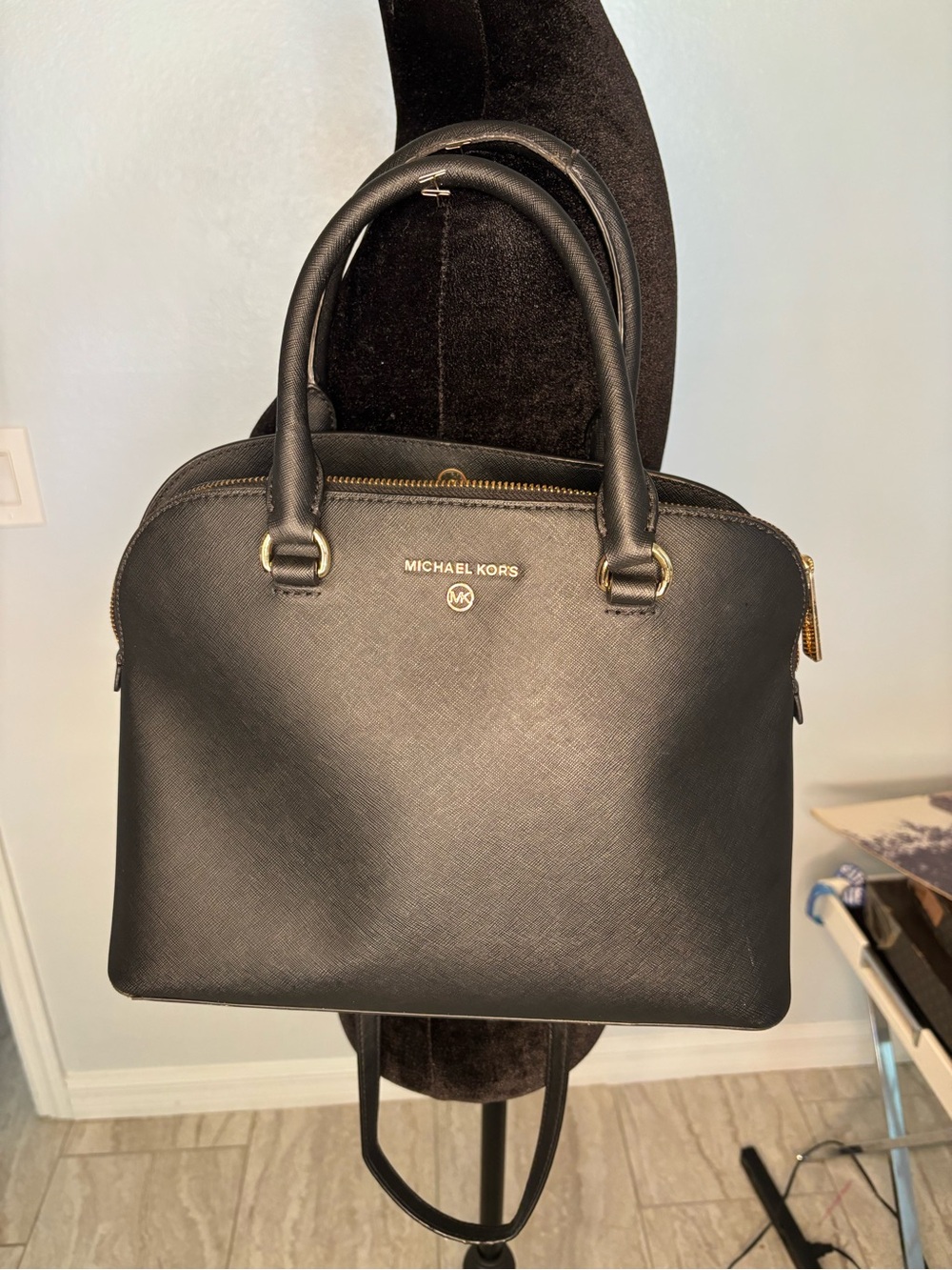 Michael Kors Black Saffiano Dome Satchel with Gold Hardware